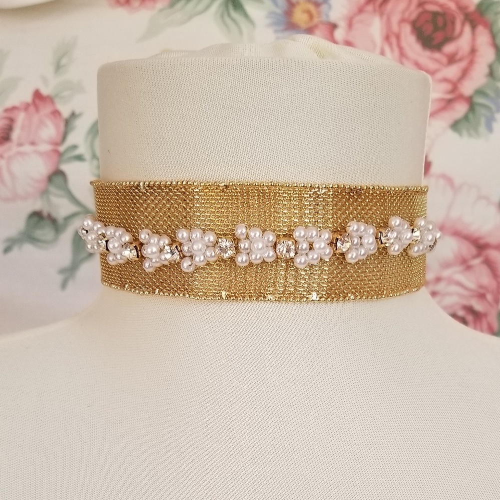 Pearl, Rhinestone, and Gold Choker Necklace